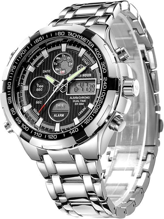 HOUR Luxury Stainless Steel Analog Digital Watches for Men Male